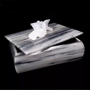Vintage Carved Marble Jewelry Box with Lid 2 Onyx Doves Rectangular 5inX3in